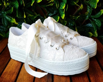Ivory Lace Wedding Sneakers, Personalized Bridal Shoes
