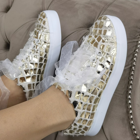 Bridal Party Shoes Gold Customizable Special Sneakers With Faux Rabbit Feather and Gold Color Customization Options
