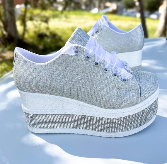 Wedding Shoes ,Comfortable Shoes with Silver Wedge Heels and Crystal Stones for Special Occasions – Desired Color Production for Brides