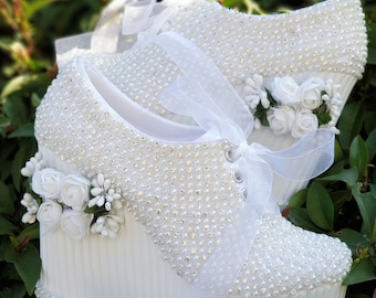 White Rose Bridal Wedge Shoes, Pearl & Crystal Detail, Comfortable Bride Shoes