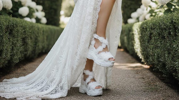 Wedding Bride Sandals Hidden Heels White Flowers Bridal Desing Unique Shoe