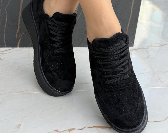 Black Suede Woman Sneakers, Custom Color Handmade Customize Color Shoes