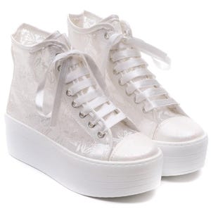 Bridal Shoes - Luxury Long Tops Stilo Design, Ivory & White Sneakers, Wedding Lace Bride Shoes for Stylish Weddings
