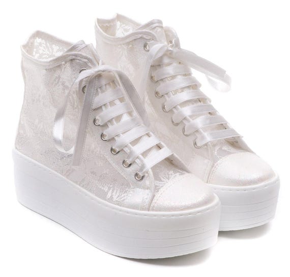 Bridal Shoes - Luxury Long Tops Stilo Design, Ivory & White Sneakers, Wedding Lace Bride Shoes for Stylish Weddings
