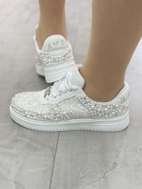 Bridal Shoes  Personalized ,Light base, Pearl Crystal , Shoes Glitter, Wedding Custom Sneakers for the Bride Bling Hand Made Shoes Desinger