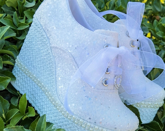 White Glitter Bride Wedge Shoes – Customizable Wedding & Party Shoes