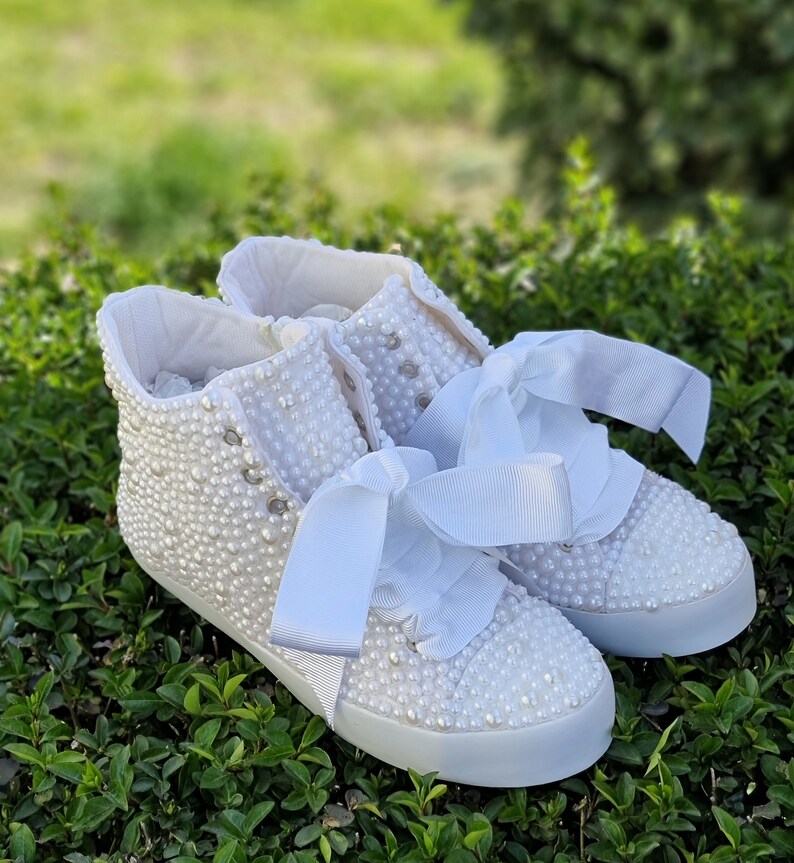 White Wedding Shoes Different Size Plated With Pearls Custom Etsy
