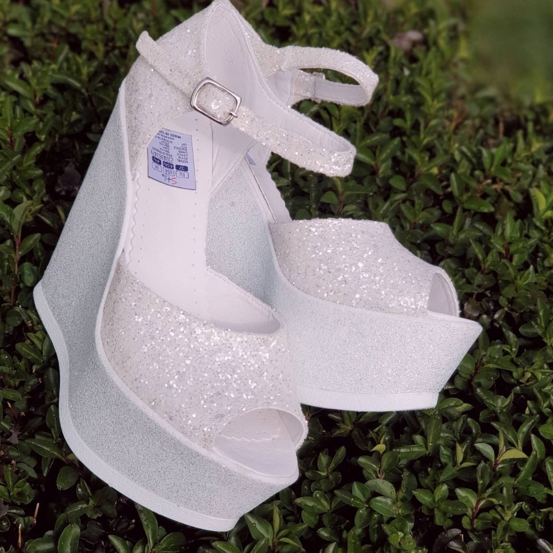 Wedge Heel White Glitter Bridal Shoes Color and Height Options Extremely Comfortable Wedding Shoes Comfortable and Lightweight Etsy Mexico