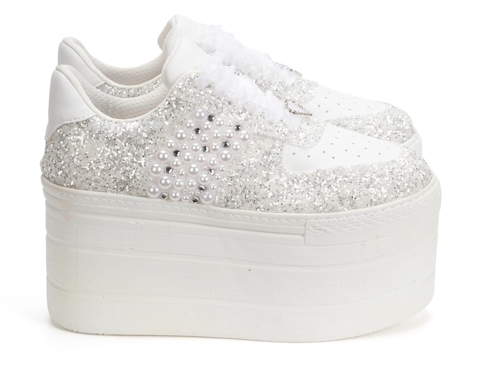 Bridal Glitter Sneakers, Flat Platform Wedding Shoes, Sparkly High Heel Sole, Handmade Custom Bride Footwear, Comfortable Wedding Design