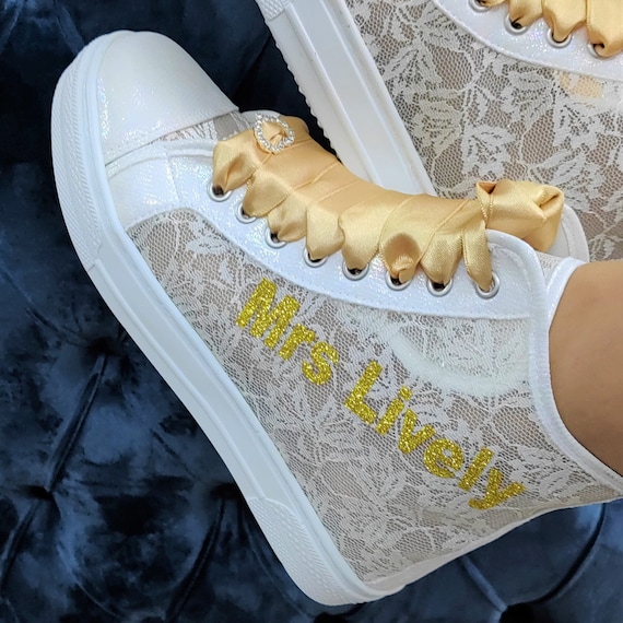 Bridal Shoes Ivory or White  Extra lightened special sole personalization on lace glitter lettering / date / satin lace colors New desing