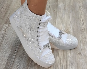 Personalized White Bridal Sneakers, Shiny Wedding Shoes