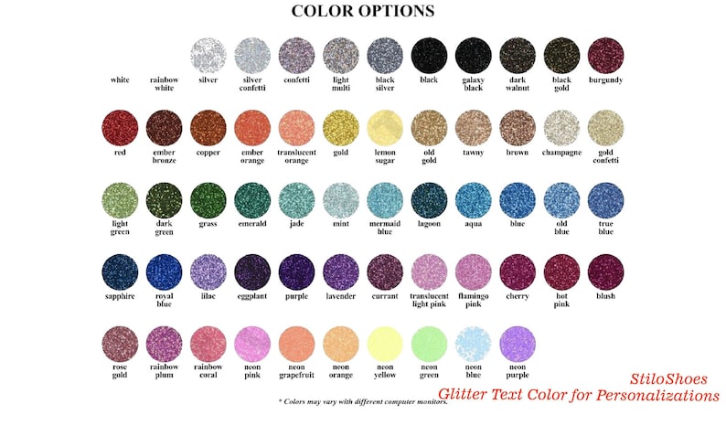 May include: A color chart displaying various glitter text color options for personalization. The chart includes a wide array of colors, such as white, silver, red, gold, blue, and pink, with each color presented in a circular swatch. The text "Glitter Text Color for Personalizations" is also visible.