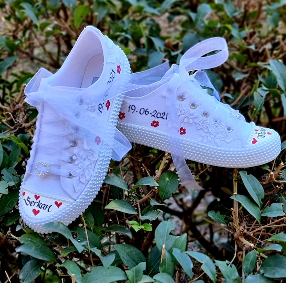Special Bride & Groom Names and Dated Bridal Shoes with Lace detail Luxurious Pearls Beautiful Custom Design Bridal Shoes