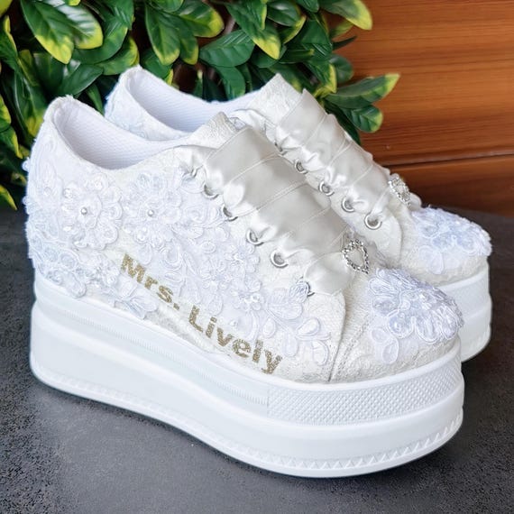 Personalized Bridal Platform Sneakers, Lace Wedding Shoes