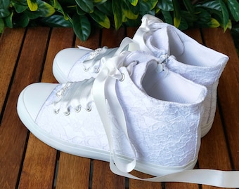 White Lace Bridal Tennis Shoes, Custom Wedding Sneakers