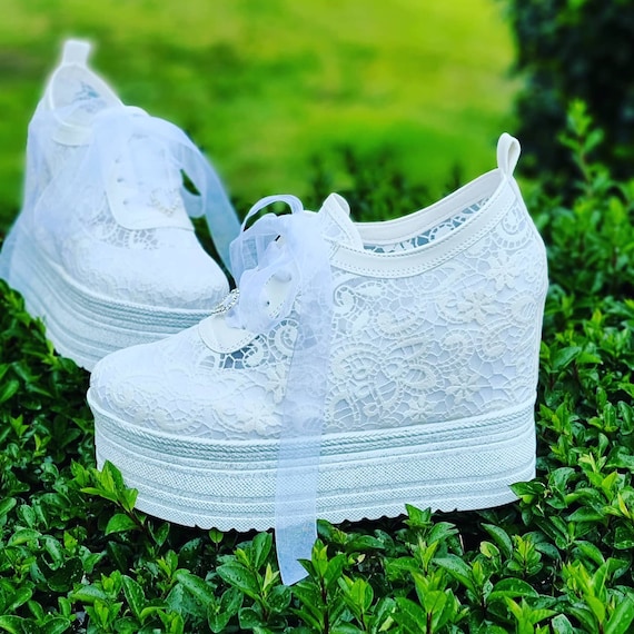 Amazon.com: Women's Hidden Wedges Sneakers Fashion Mesh Lace Floral  Embroidery Upper Lace Up Shoes Platform Breathable Round Toe Shoes Inner  Heightening Walking High Heel Leisure Shoe for Bride Bridesmaid Wedding :  Sports