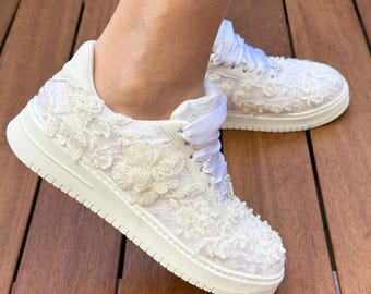 Customizable Bridal Sneakers, White Lace Wedding Shoes
