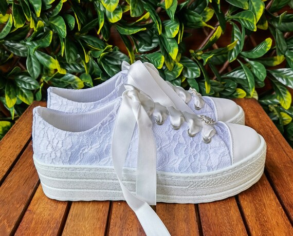 Lace Bridal Sneakers, White Wedding Shoes, Custom Height Options