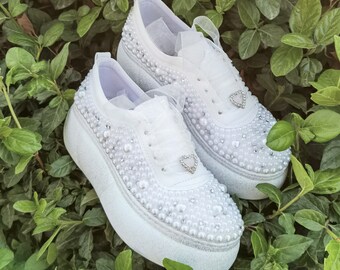Handmade Pearl Wedding Shoes, Crystal Embellished Bridal Sneakers