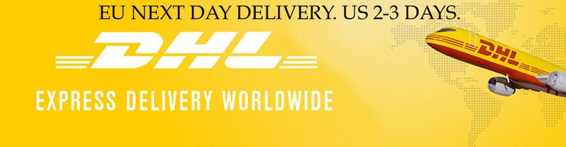 May include: DHL logo with the text "EU NEXT DAY DELIVERY. US 2-3 DAYS." and "EXPRESS DELIVERY WORLDWIDE". A yellow airplane with the DHL logo flies over a stylized world map.