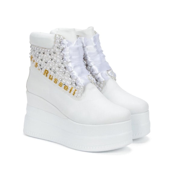 Pearl and Crystal Stone Bridal Boots with Custom Design ,Production with Special Color Options