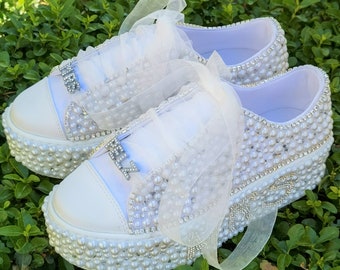 Personalized Bridal Sneakers, Pearly Crystal Wedding Shoes, Custom Height