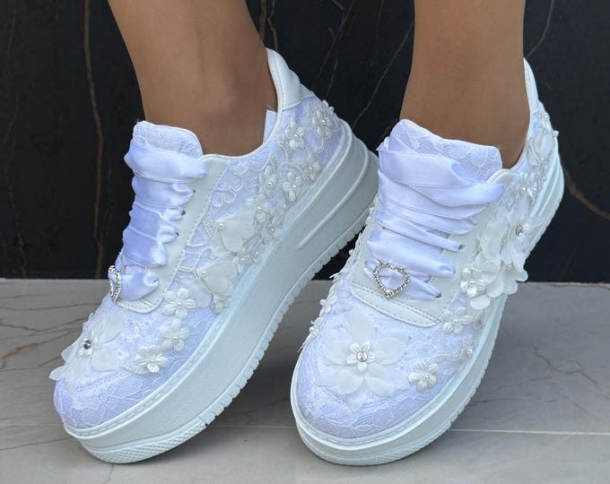 Personalized Bridal Wedding Sneakers – 3D Applique Lace Shoes – Custom Bridal Footwear – Elegant Prom Shoes – Unique Wedding Gifts