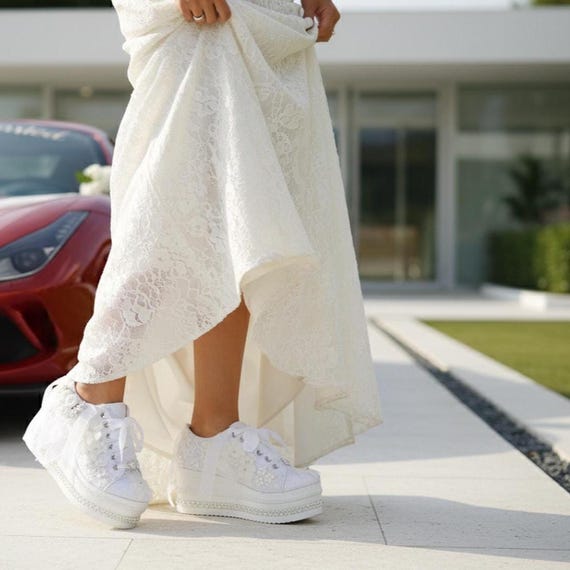 Floral Bridal Wedge Sneakers, Adjustable Height Wedding Shoes, Personalized Bride Platforms, Wedding Footwear