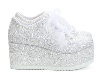 Personalized White Glitter Wedding Wedge Sneakers, Bridal Platform Shoes