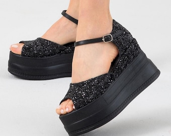 Black Glitter Platform Bridal Sandals - Personalized Wedding Heels