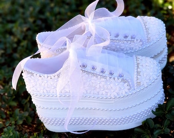 White Bridal Sneakers - Pearl & Crystal Detail, Ivory Wedding Shoes