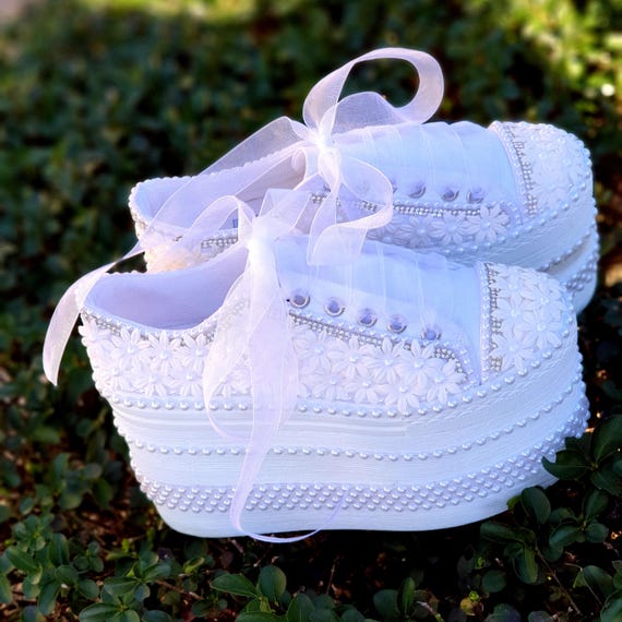 Bridal Shoes - White Block Heel with Crystal & Pearl Pattern | Ivory Wedding Footwear | Elegant Heeled Bridal Sandals