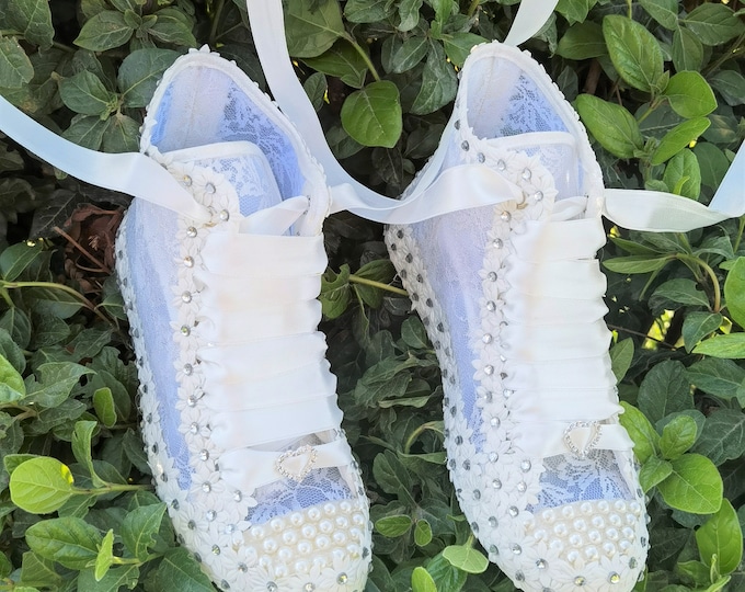 Custom Ivory Lace Wedding Shoes, Daisy Crystal Bridal Sneakers