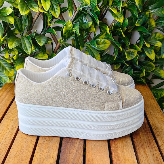 Champagne Glitter Bridal Platform Sneakers, Customizable Wedding Shoes