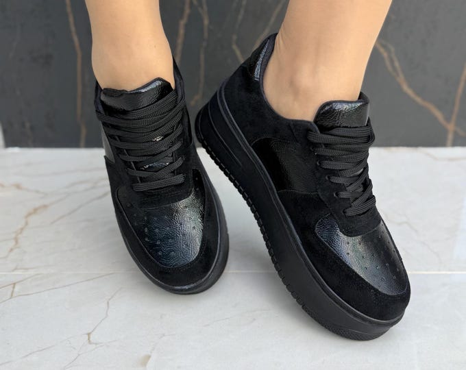 Black Suede and Patent Leather Women's Sneakers, Handmade Comfortable Casual Shoes, Customizable Colors