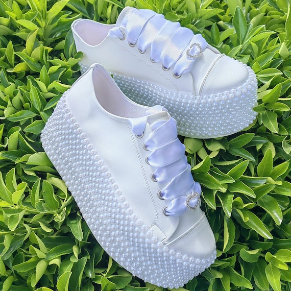 Personalized White Skin  Design Wedding pearl platform flat shoes Bridal shoes  Options Bridal shoes with height options