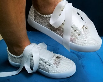 Luxury Pearl Lace Bridal Sneakers, Personalized Wedding Shoes