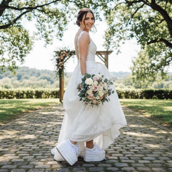 Custom Wedding Shoes Heel Flat Paltform,  White Lace Bridal Hight Sole Sneakers