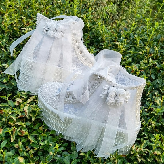Luxury Bridal Shoes Ivory, Crystal Stones, White Flower Ivory Pearls, Lace Bridal Shoes, Different Insole Height Options Color Options