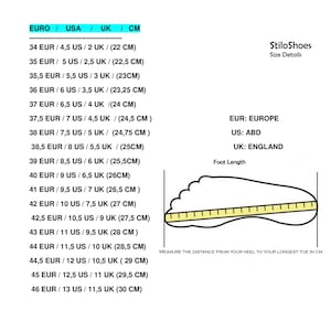 May include: A size chart for shoes showing European, US, and UK sizes with corresponding centimeter measurements. The chart includes a diagram of a foot with a ruler measuring the distance from the heel to the longest toe.
