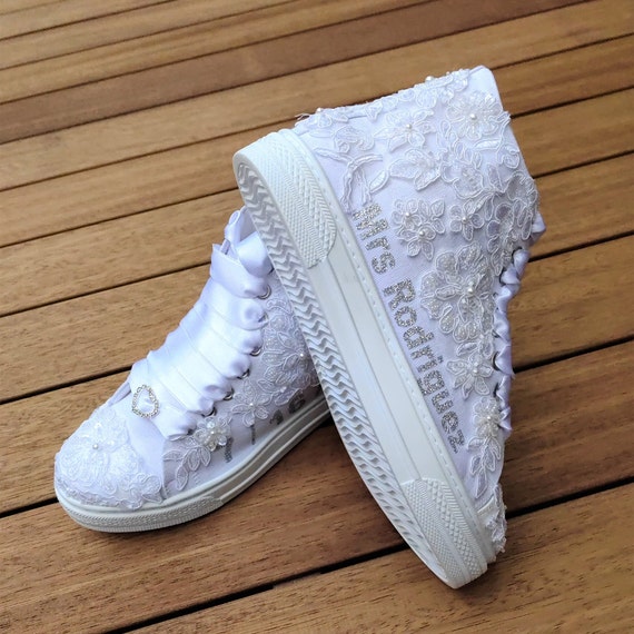 Personalized for Brides, Bridal Sneakers,  Special shoes Long Top Wedding White Bridal , Long Top Wedding Shoes  Custom bride shoes