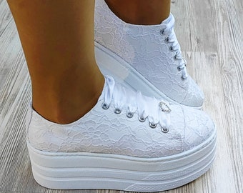 Lace Bridal Sneakers, Ivory Wedding Shoes, Personalized Low Top Tennis Shoes