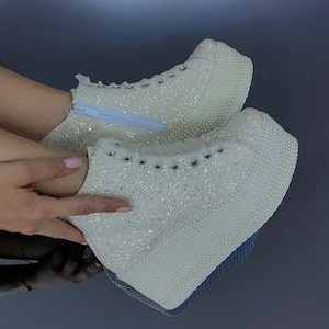 Ivory Glitter Wedding Platform Shoes, Personalized Bridal Sneakers