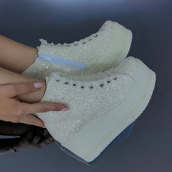 Ivory Glitter Wedding Platform Shoes, Personalized Bridal Sneakers