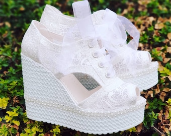 White Lace Bridal Wedge Shoes: Personalized Wedding Footwear