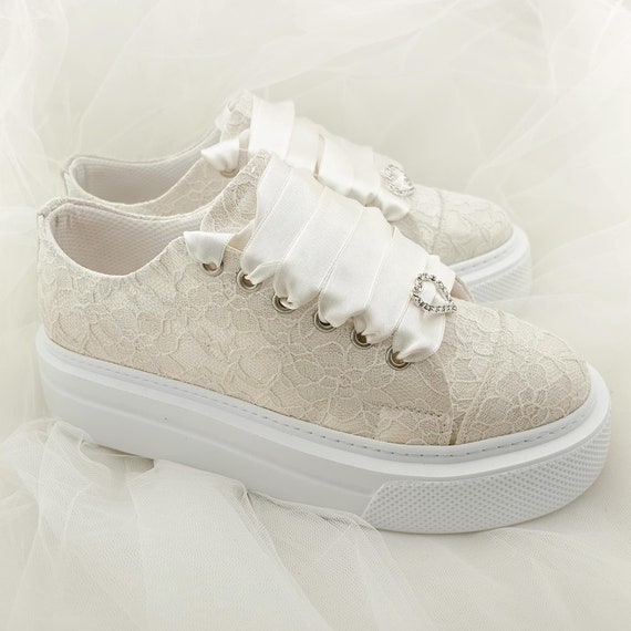 Ivory Bridal Shoes Lace Detailed Satin Laced Shoes White or Ivory options Ivory Flat bride shoes for wedding dresses custom sneakers bridal