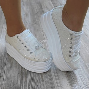 Bridal Shoes Glitter New Lightened Base 7CM height Custom Stilo Desing Party Wedding Customization Options Glitter White (free customize)