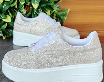 Personalized Bridal Glitter Sneakers, Champagne Wedding Shoes