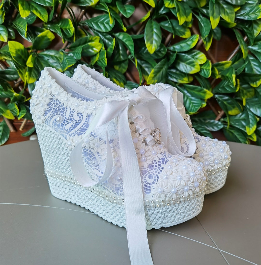 Luxury Lace Bridal Wedge Shoes, Pearl Detail, Comfortable Fit - Etsy