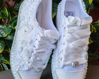 White Lace Bridal Sneakers, Pearl Beaded Wedding Shoes, Height Options